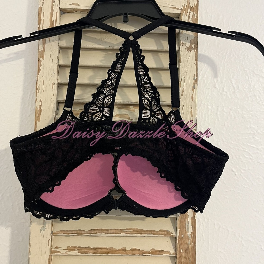 Victorias Secret PINK Date Push Up Bra Bralette Black Lace Racerback Bra 36 D - Picture 5 of 10